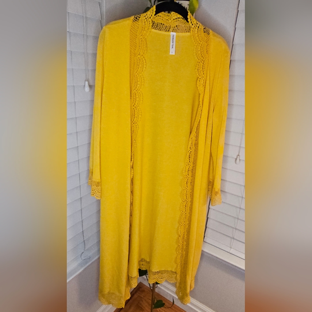 Tickled Teal Yellow Duster Cardigan With Lace Trim